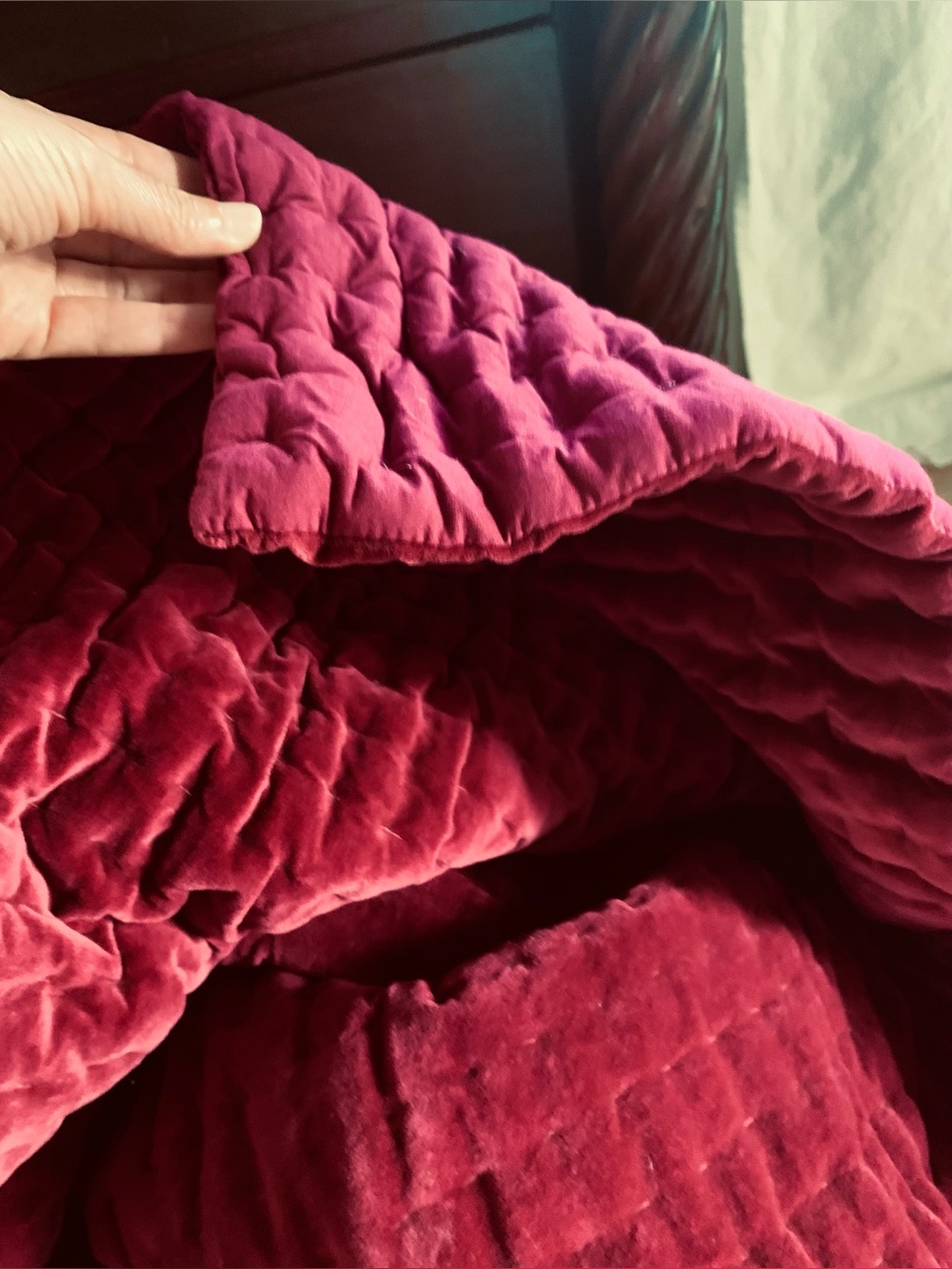 Twin size John Robshaw velvet quilted coverlet, hand-quilted, Berry color